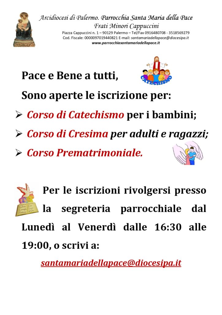 Iscrizione Corsi di Battesimo - Cresima - Prematrimoniale 2020 - Parrocchia Santa Maria della Pace Palermo